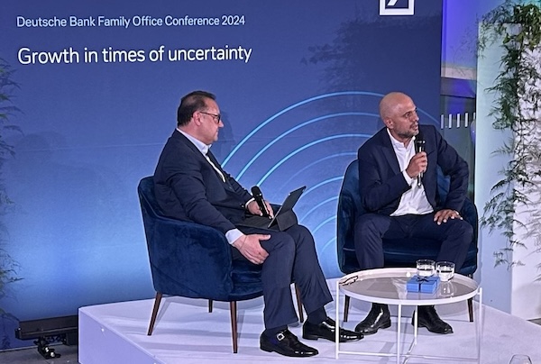 Sir Sajid Javid (right) former UK Chancellor of the Exchequer, talks to Salman Mahdi, Global Vice Chairman of Deutsche Bank Private Bank