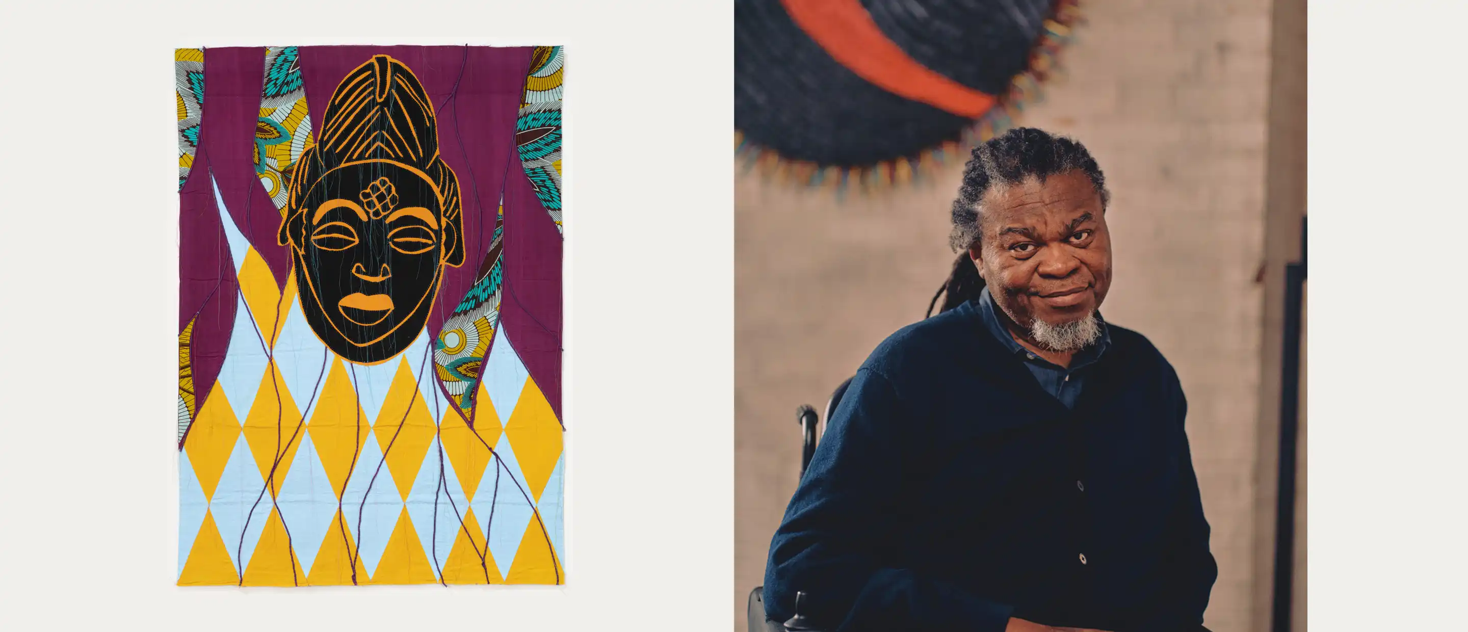 Yinka Shonibare artwork 'Modern Magic VI'  and a portrait of the artist