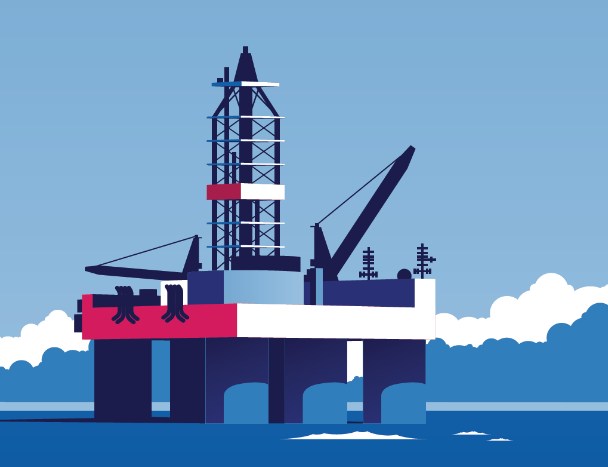 Illustration of a drilling rig on the ocean