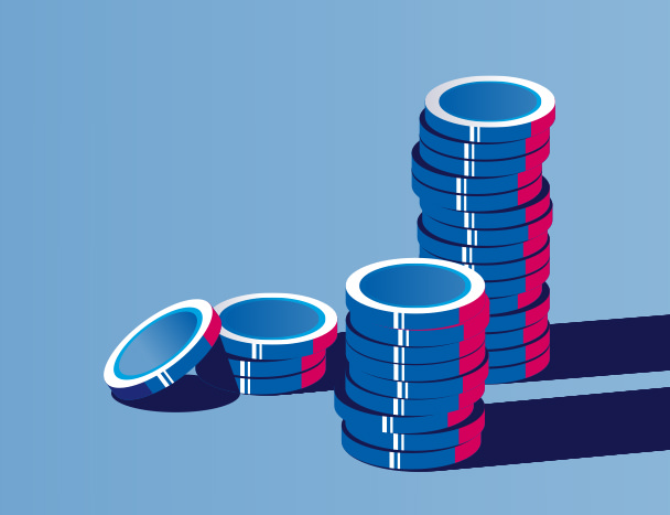 Illustration of a handful of coins, stacked on three piles