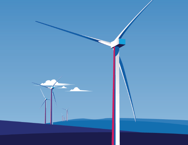 Illustration of a few wind turbines, one in the front in the center, the others vanishing on the horizon