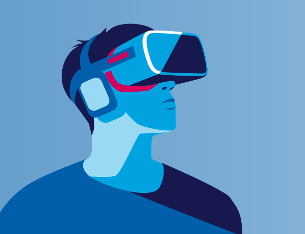 Illustration of person wearing virtual reality goggles