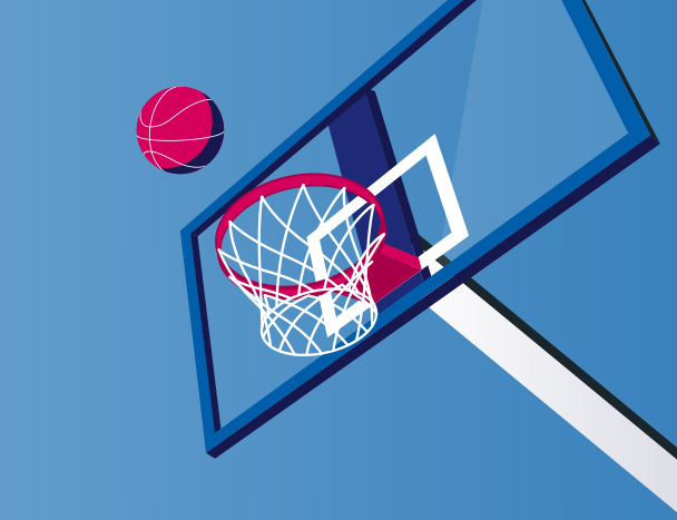 Illustration of a basket ball approaching the basket