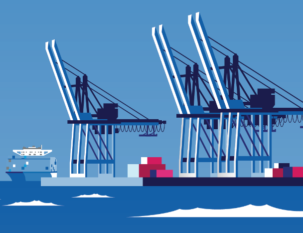 Illustration of a container port with three big cranes and a ship on the very left