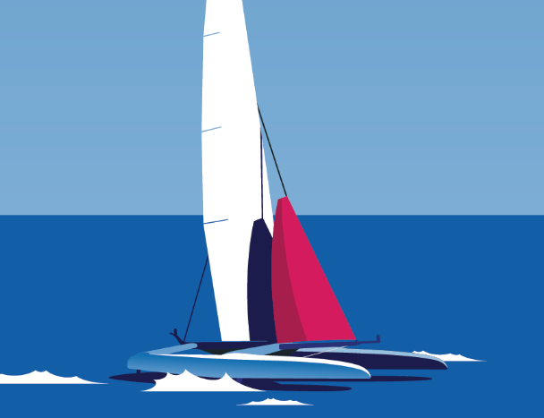 Illustration of a catamaran on the ocean, sailing from left to right