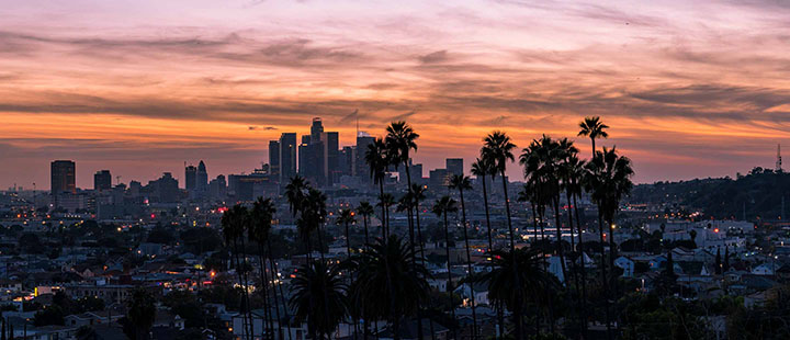 View of Los Angeles skyline at dusk